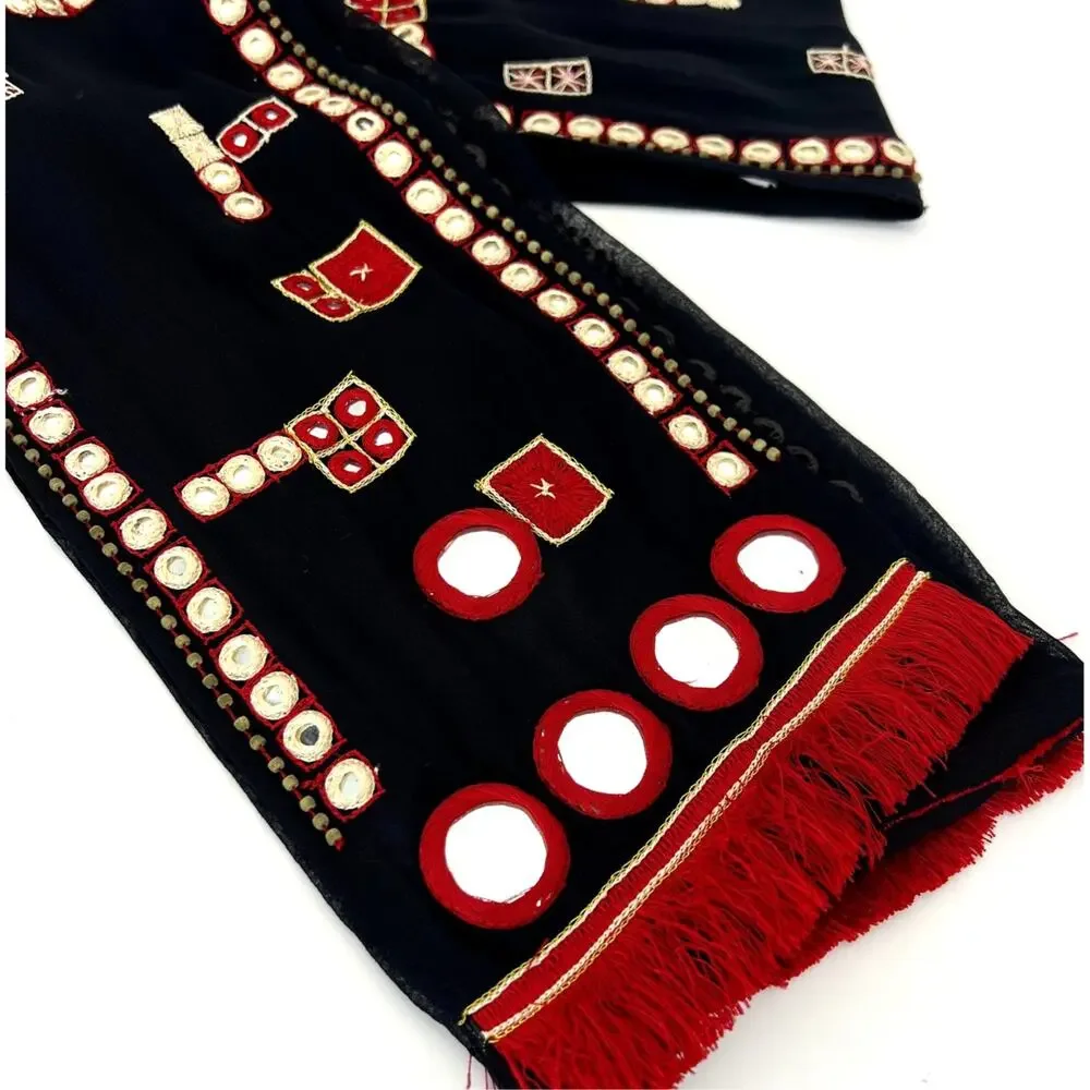 Chicos Rabari Inspired Scarf Shawl Black Red Kutchi Mirror Embroidered Fringe